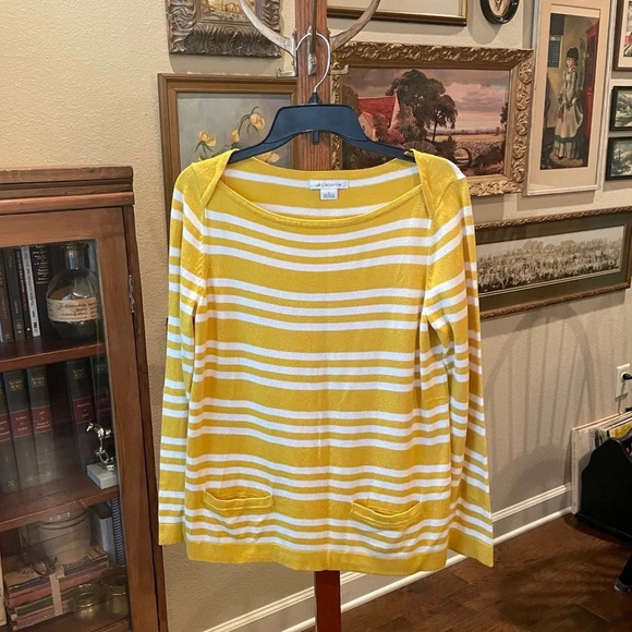 Liz Claiborne women’s long sleeve tunic sweater SZ L yellow white stripe - Picture 2 of 7